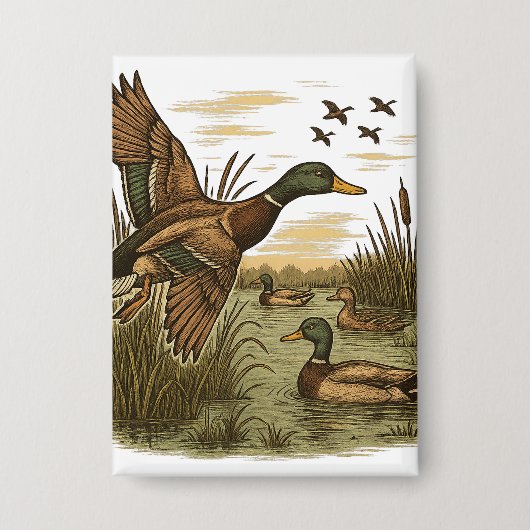 Retro-Flying-Mallard-Duck-Hunting,  缶バッジ (正面)