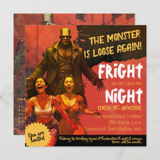 Retro Frankenstein Adult Horror Fright Night 招待状 (正面/裏面)