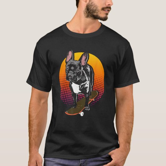 Retro French Bulldog Skateboarder Frenchie Owner Tシャツ (正面)