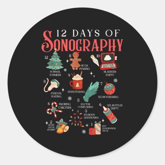 Retro Funny 12 Days Of Sonography Ultrasound Tech  ラウンドシール (正面)