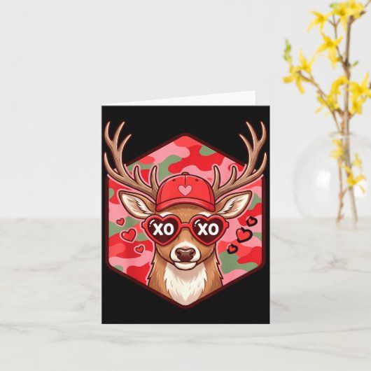 Retro Funny Boys Valentines Day Hunting Deer Camo  カード (黄色い花)