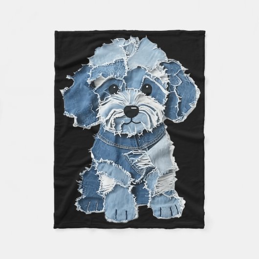 Retro Funny Denim Patch Animal Dog Print  フリースブランケット (正面)