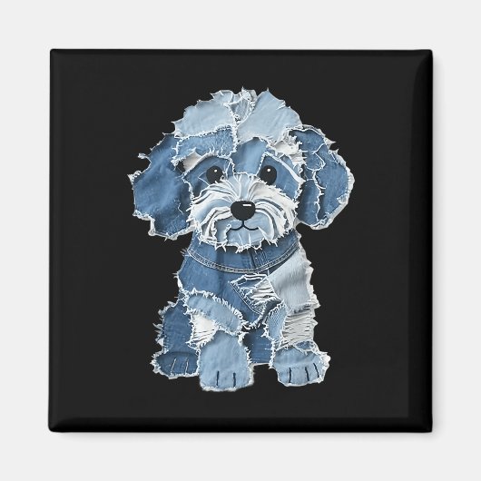 Retro Funny Denim Patch Animal Dog Print  マグネット (正面)