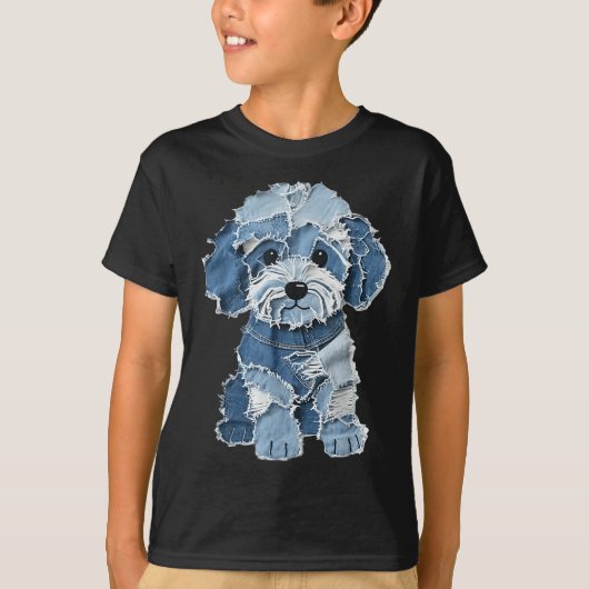 Retro Funny Denim Patch Animal Dog Print  Tシャツ (正面)