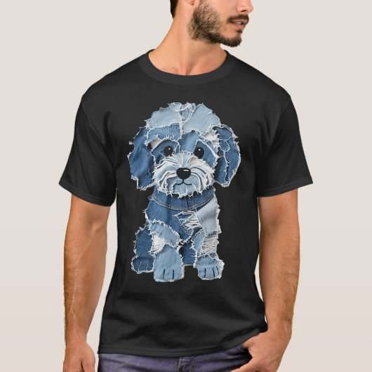 Retro Funny Denim Patch Animal Dog Print Tシャツ (正面)