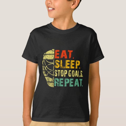 Retro Funny Eat Sleep Stop Goals Repeat Ice Hockey Tシャツ (正面)