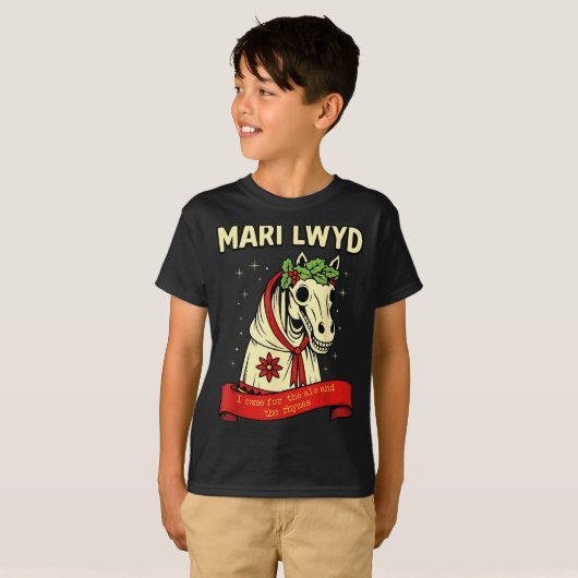 Retro Funny Folklore Skeleton Horse Mari Lwyd Yule Tシャツ (正面フル)