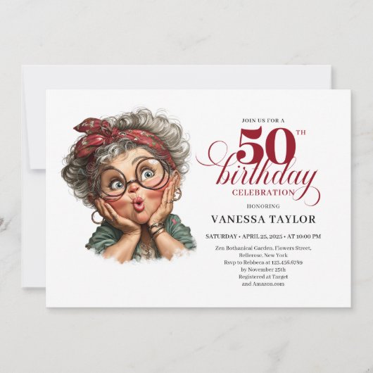 Retro funny lady turning 50 birthday invitation 招待状 (正面)