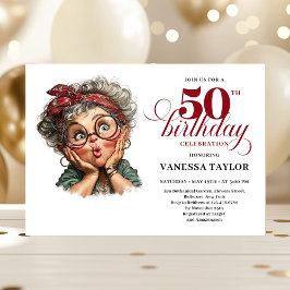 Retro funny lady turning 50 birthday invitation 招待状
