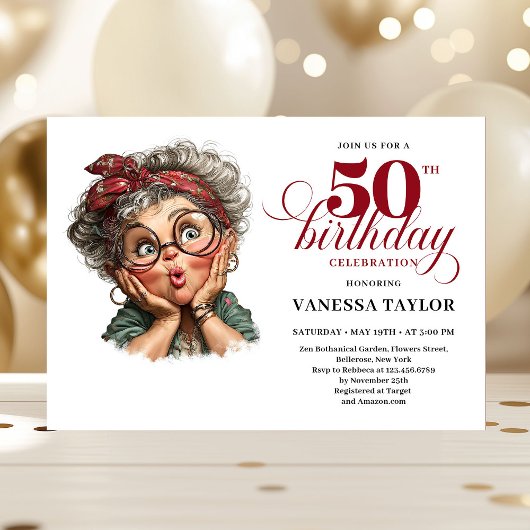 Retro funny lady turning 50 birthday invitation 招待状