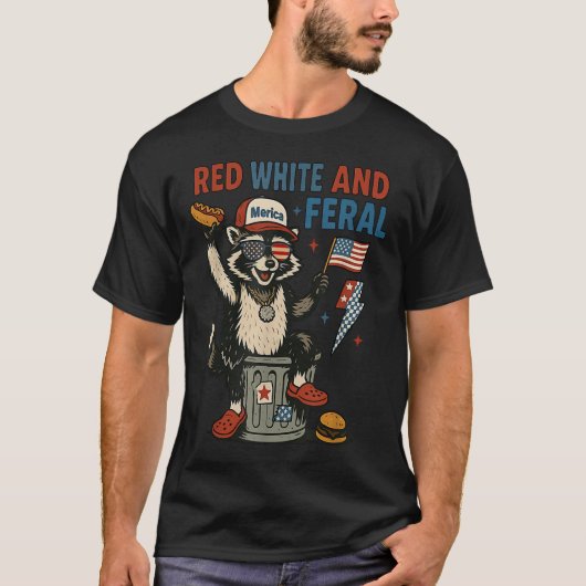 Retro Funny Merica Raccoon 4th Of July Red White A Tシャツ (正面)
