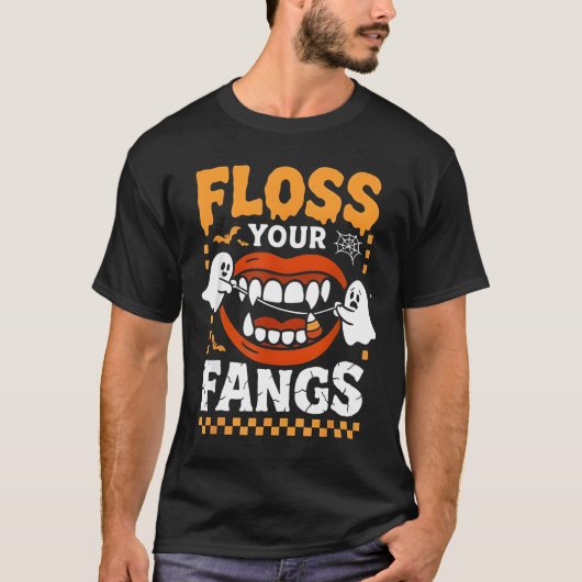 Retro Funny Teeth Floss Your Fangs Dentist Spooky  Tシャツ (正面)