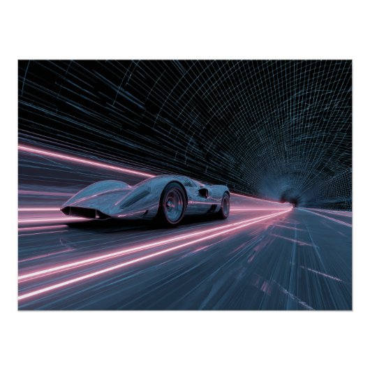 Retro Futuristic Car Racing Neon Grid ポスター (正面)
