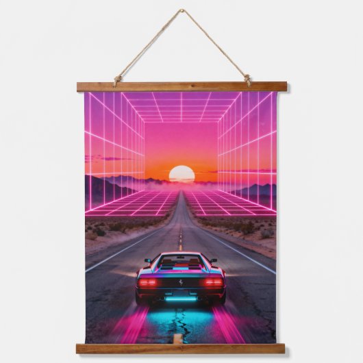 Retro Futuristic Car Sunset Wall Art Print - Neon  吊り下げ型タペストリー (正面)