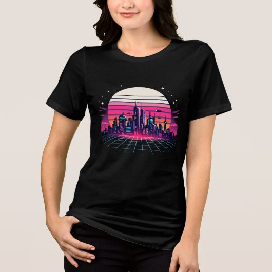 Retro Futuristic Cityscape Vaporwave Sunset Neon S トライブレンドTシャツ (正面)