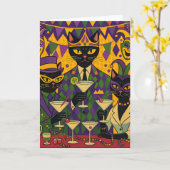 Retro Futuristic Mardi Gras Black Cat Martini Club カード (黄色い花)