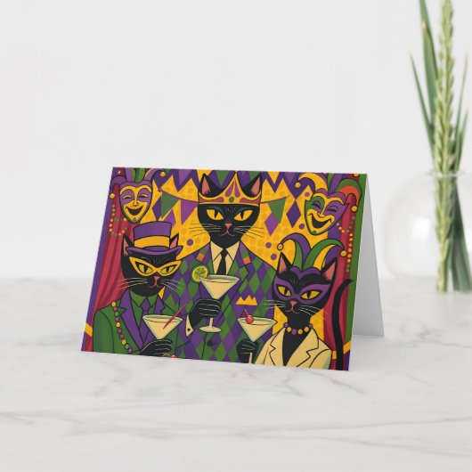 Retro Futuristic Mardi Gras Black Cat Martini Club カード (正面)