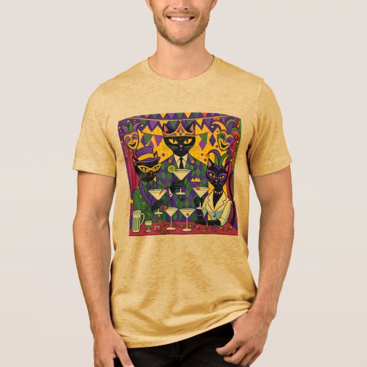 Retro Futuristic Mardi Gras Black Cat Martini Club トライブレンドＴシャツ (正面)