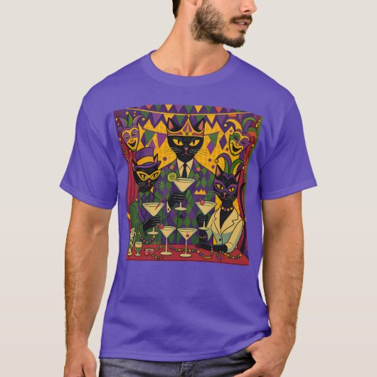 Retro Futuristic Mardi Gras Black Cat Martini Club Tシャツ (正面)