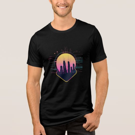 Retro Futuristic Neon Cityscape Tech トライブレンドＴシャツ (正面)