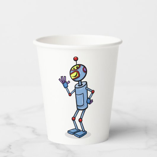 Retro Futuristic Robot Character Waving 紙コップ (正面)