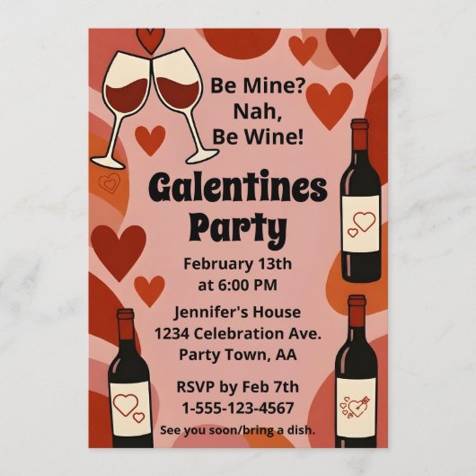 Retro Galentine Be Wine Fun Party Personalized 招待状 (正面)