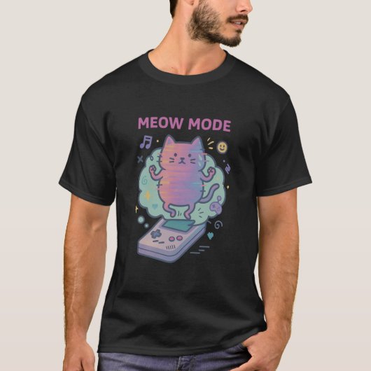 Retro GameBoy Console Kawaii Cat Gamer "MEOW MODE" Tシャツ (正面)