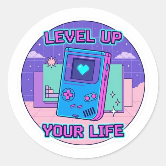 Retro Gamer Level Up Sticker - 8-Bit Pixel Art Des ラウンドシール (正面)