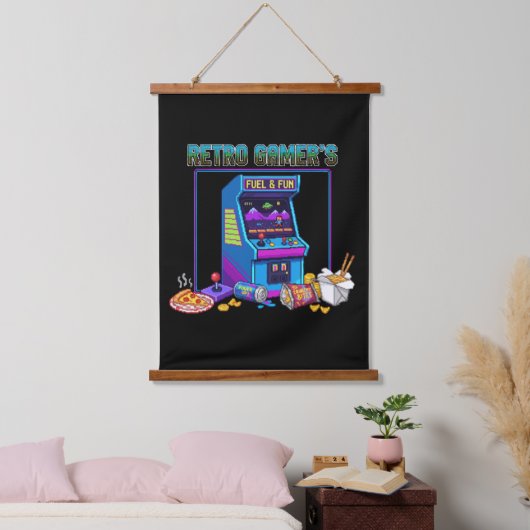  Retro Gamer's Fuel & Fun | 8-Bit Pixel Art Arcade 吊り下げ型タペストリー (寝室)