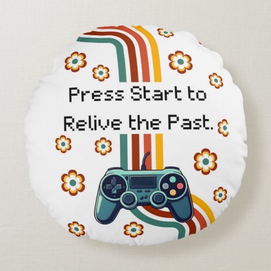 Retro Gaming Illustration – Teal Controller with F ラウンドクッション (正面)