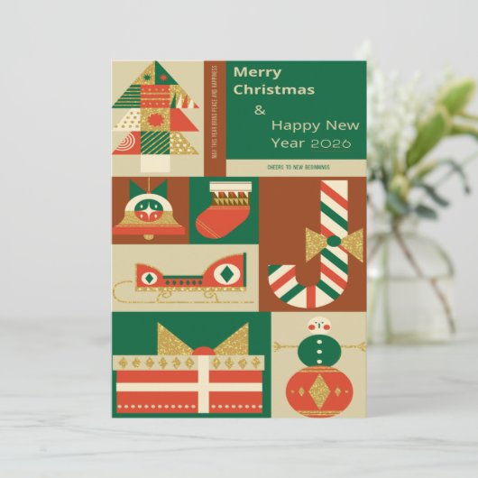 Retro Geometric Christmas Greeting Card – Festive カード (スタンド正面)
