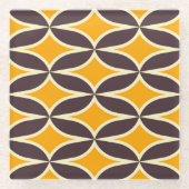 Retro geometric pattern yellow and brown leaf ガラスコースター (正面)