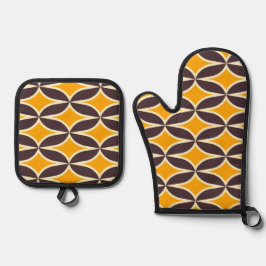 Retro geometric pattern yellow and brown leaf 鍋つかみ&鍋敷きセット