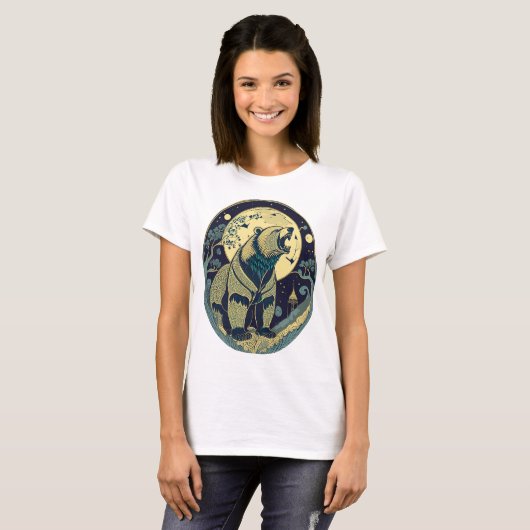 Retro Geschenk Bär Russland Ikone Jugendstil Mond Tシャツ (正面フル)