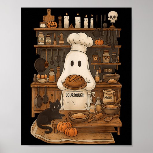 Retro Ghost Baking Sourdough Halloween Soky Chef B ポスター (正面)