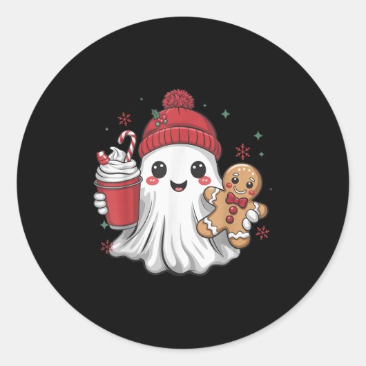 Retro Ghost Beanie Christmas Holiday Xmas Coffee G ラウンドシール (正面)