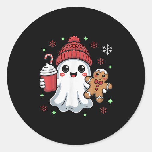 Retro Ghost Beanie Christmas Holiday Xmas Coffee G ラウンドシール (正面)