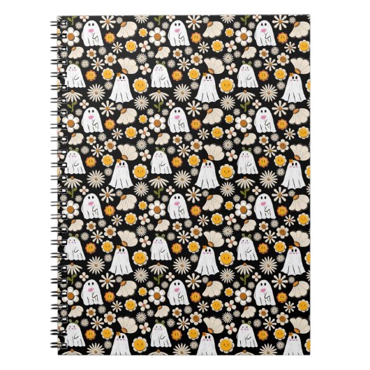 Retro Ghost Flowers Halloween Seamless Pattern ノートブック (正面)