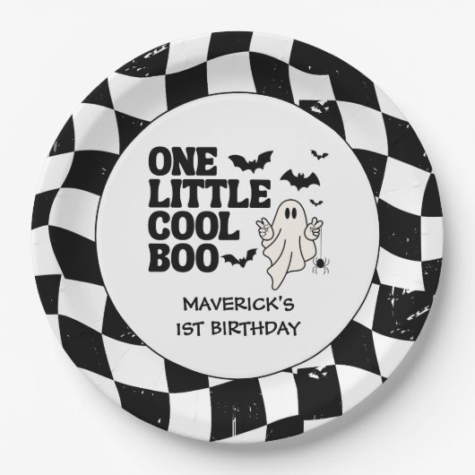 Retro Ghost One Halloween Boy 1st Birthday ペーパープレート (正面)