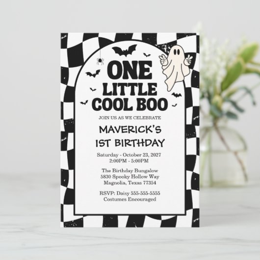Retro Ghost One Halloween Boy 1st Birthday 招待状 (スタンド正面)