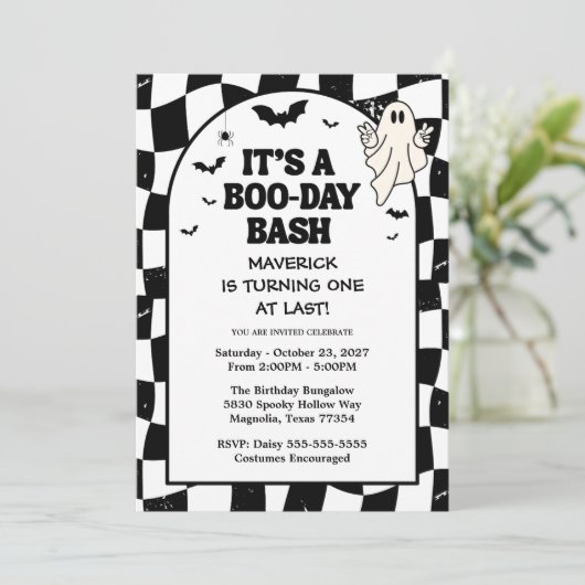 Retro Ghost One Halloween Boy 1st Birthday 招待状 (スタンド正面)