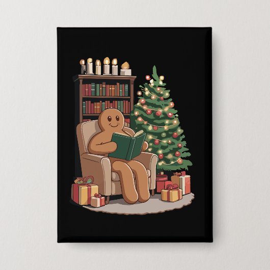 Retro Gingerbread Reading Books Christmas Teacher 缶バッジ (正面)
