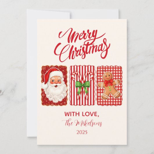 Retro Gingham Santa Gingerbread Christmas シーズンカード (正面)