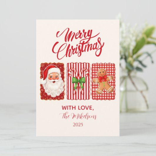 Retro Gingham Santa Gingerbread Christmas シーズンカード (スタンド正面)