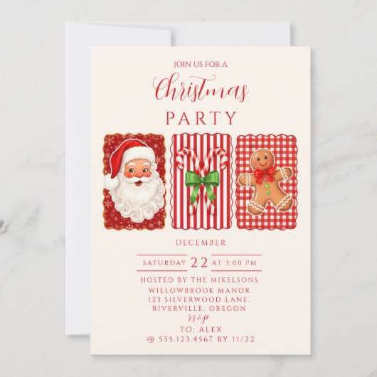 Retro Gingham Santa Gingerbread Christmas 招待状 (正面)