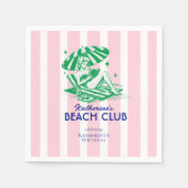 Retro Girl Beach Club Pink Stripes Birthday スタンダードカクテルナプキン (正面)