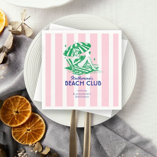 Retro Girl Beach Club Pink Stripes Birthday スタンダードカクテルナプキン