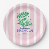 Retro Girl Beach Club Pink Stripes Birthday Party ペーパープレート (正面)