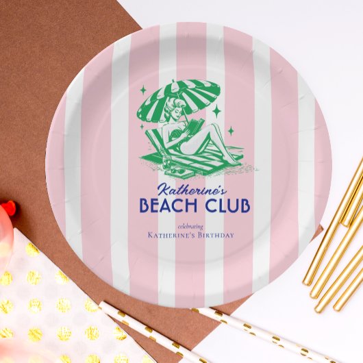 Retro Girl Beach Club Pink Stripes Birthday Party ペーパープレート