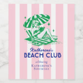 Retro Girl Beach Club Pink Stripes Birthday Party ワインラベル (シングルラベル)